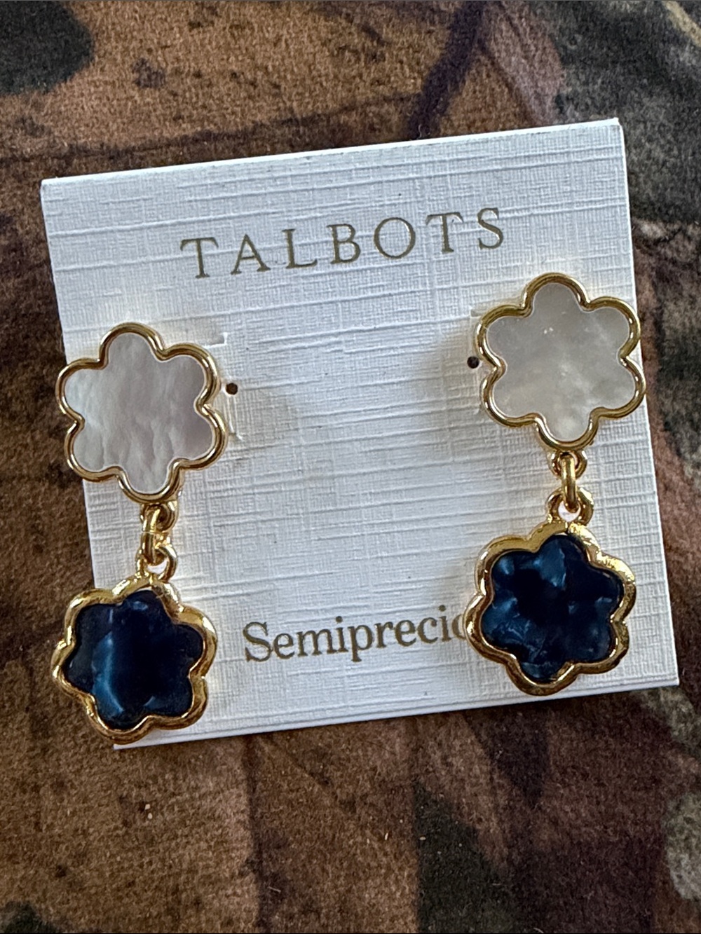 Talbots Gold-Tone White and Dark Blue Flower Drop Earrings